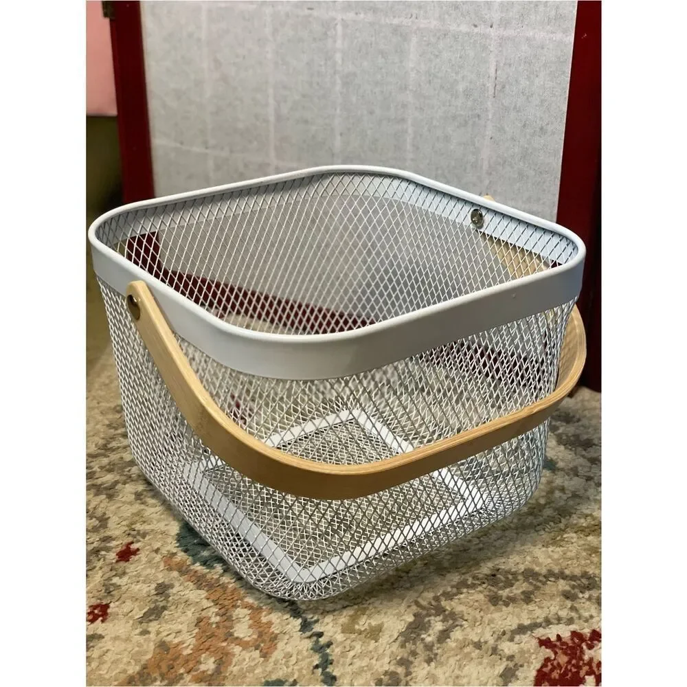Blue & White Metal Storage Baskets with Natural Wood Handles - Home Accents